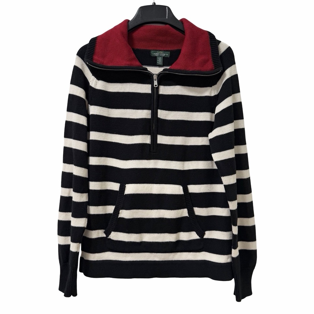 Lauren Ralph Lauren Womens Stripe 1/2 Zip Collared Sweater Size L Black Preppy
